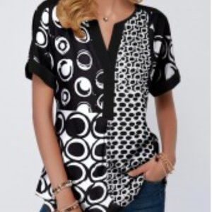 New! MODLILY Split Neck Roll Cuff Circle Print Top